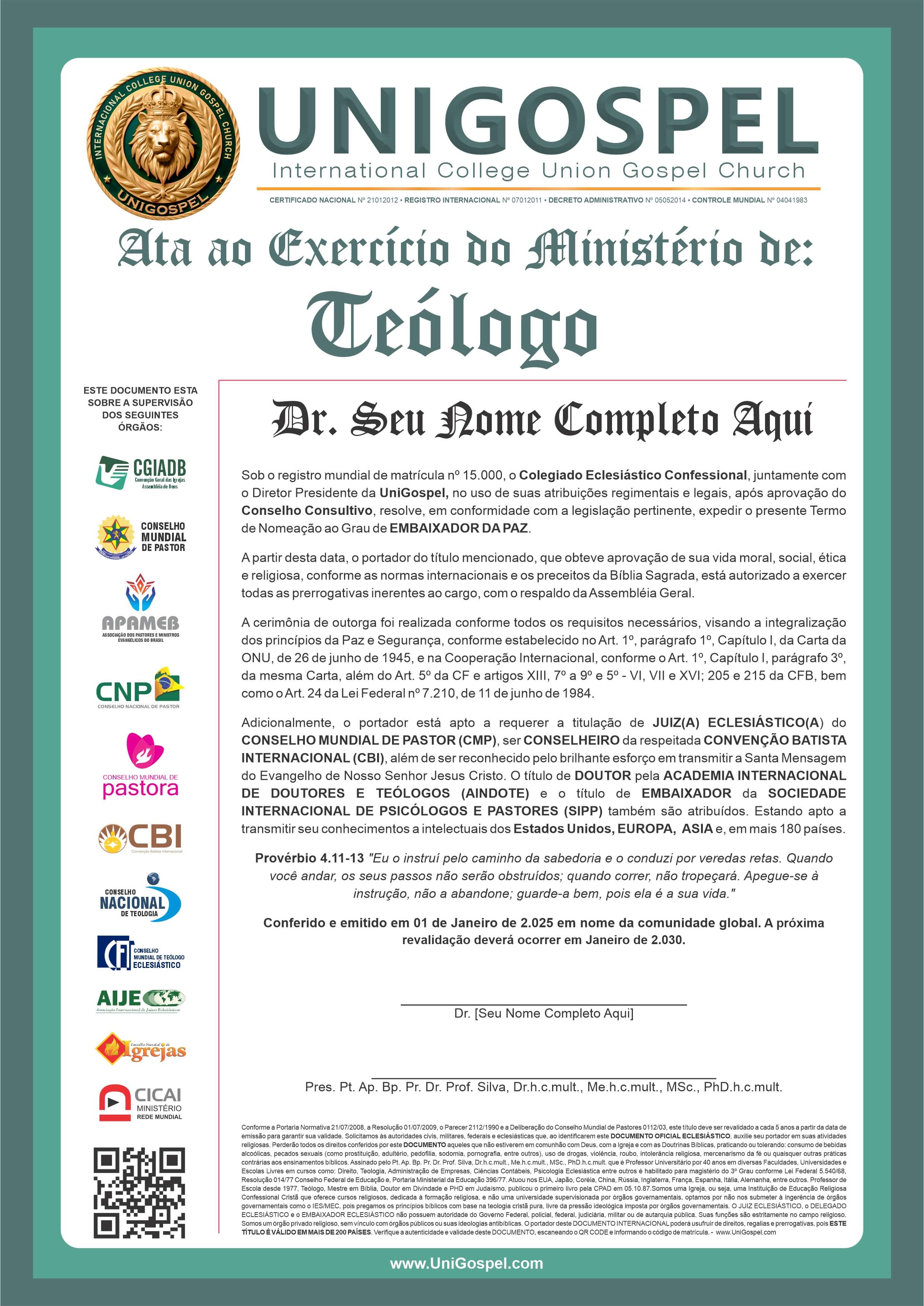 Ata de Exercício do Ministério de Teólogo