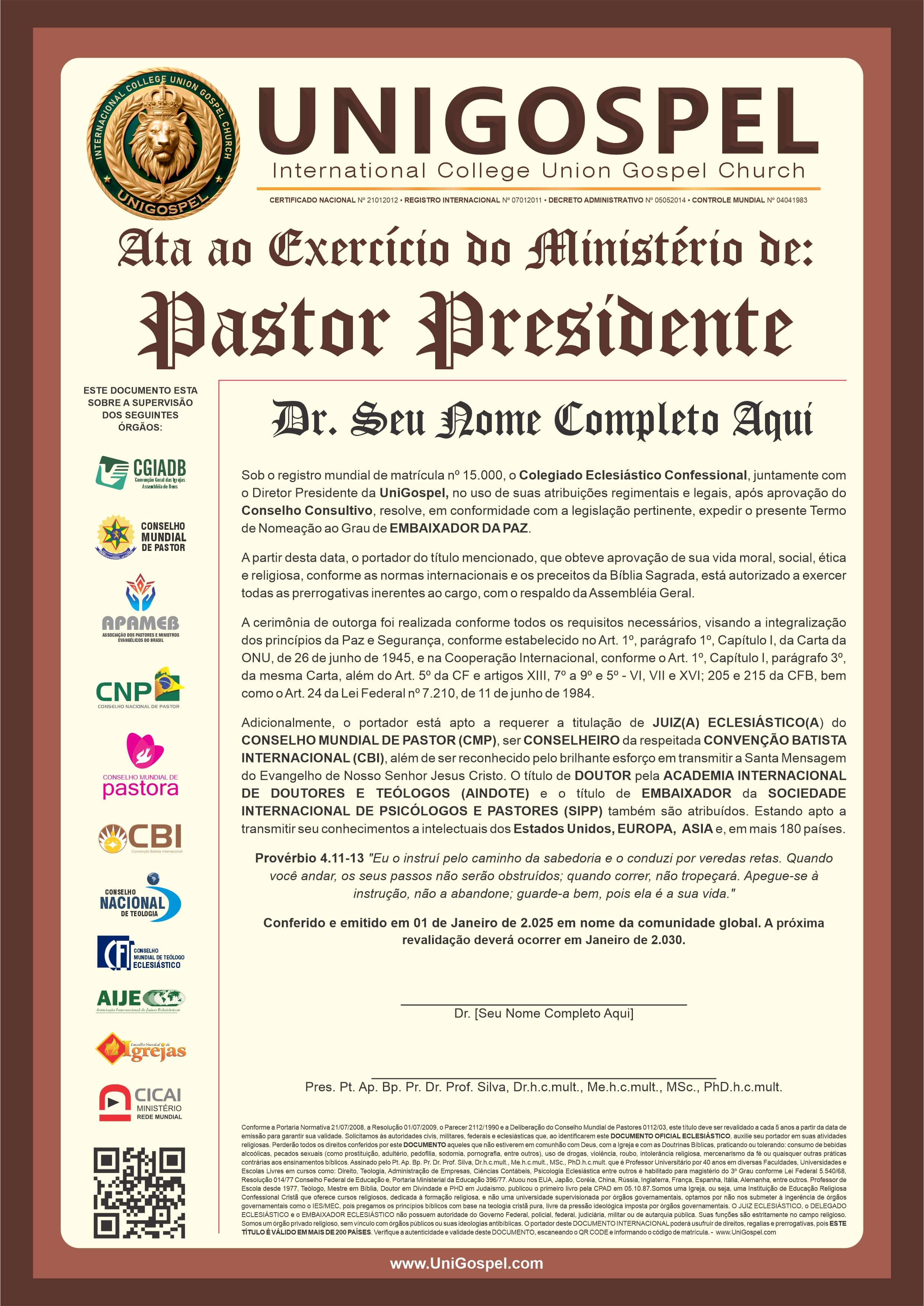 Ata de Exercício do Ministério de Pastor Presidente