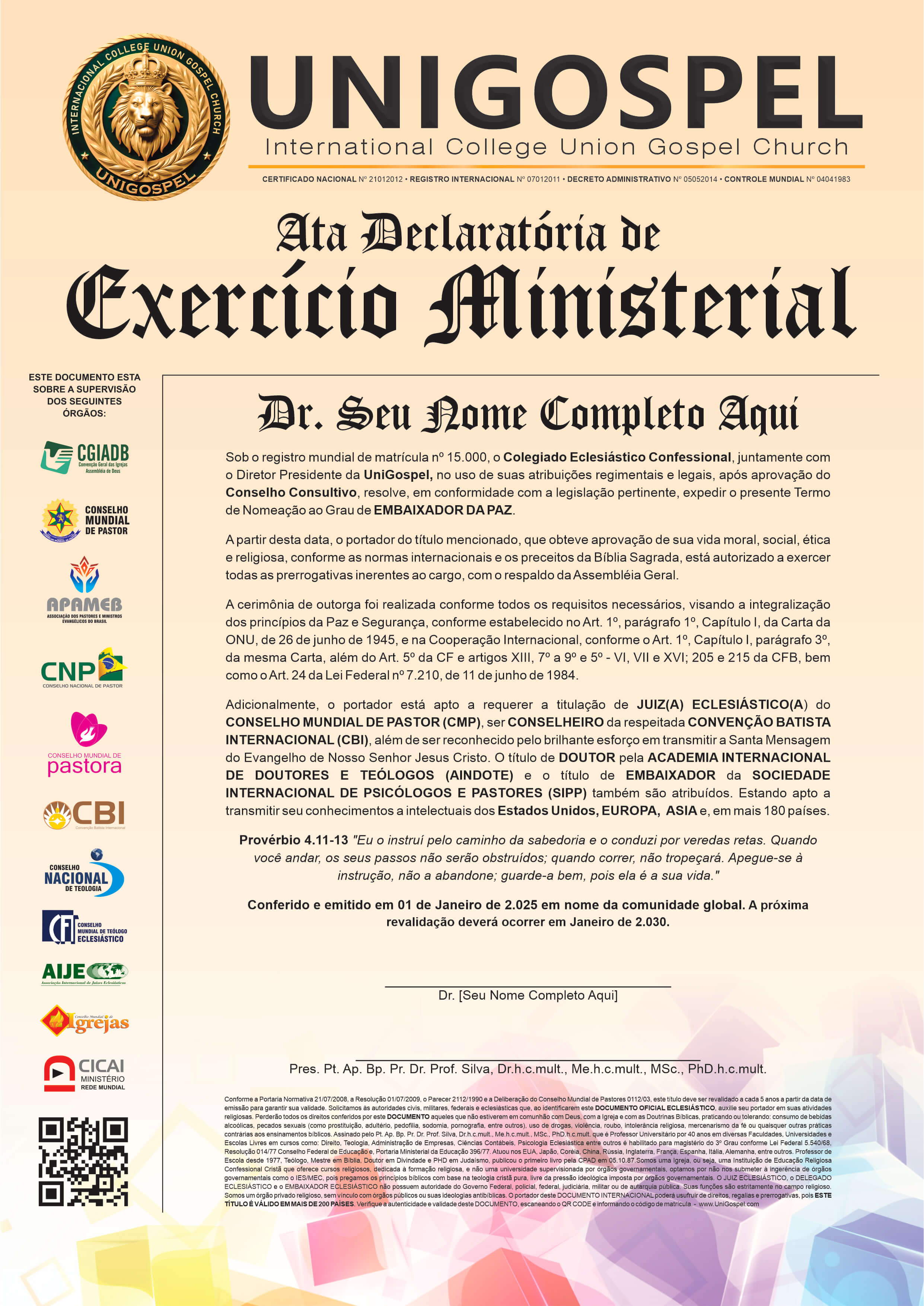 Ata de Declaração de Exercício Ministerial