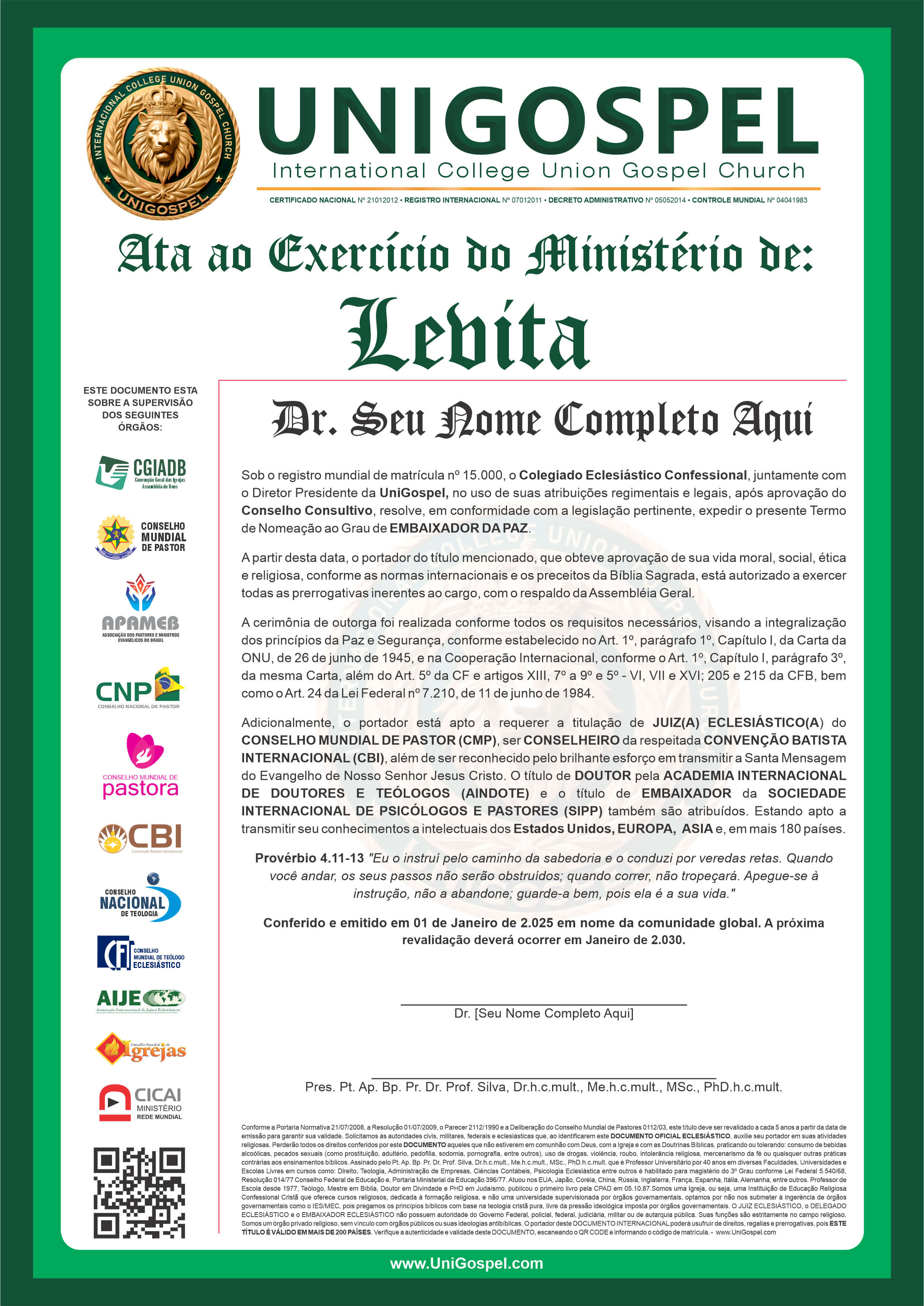Ata de Exercício do Ministério de Levita